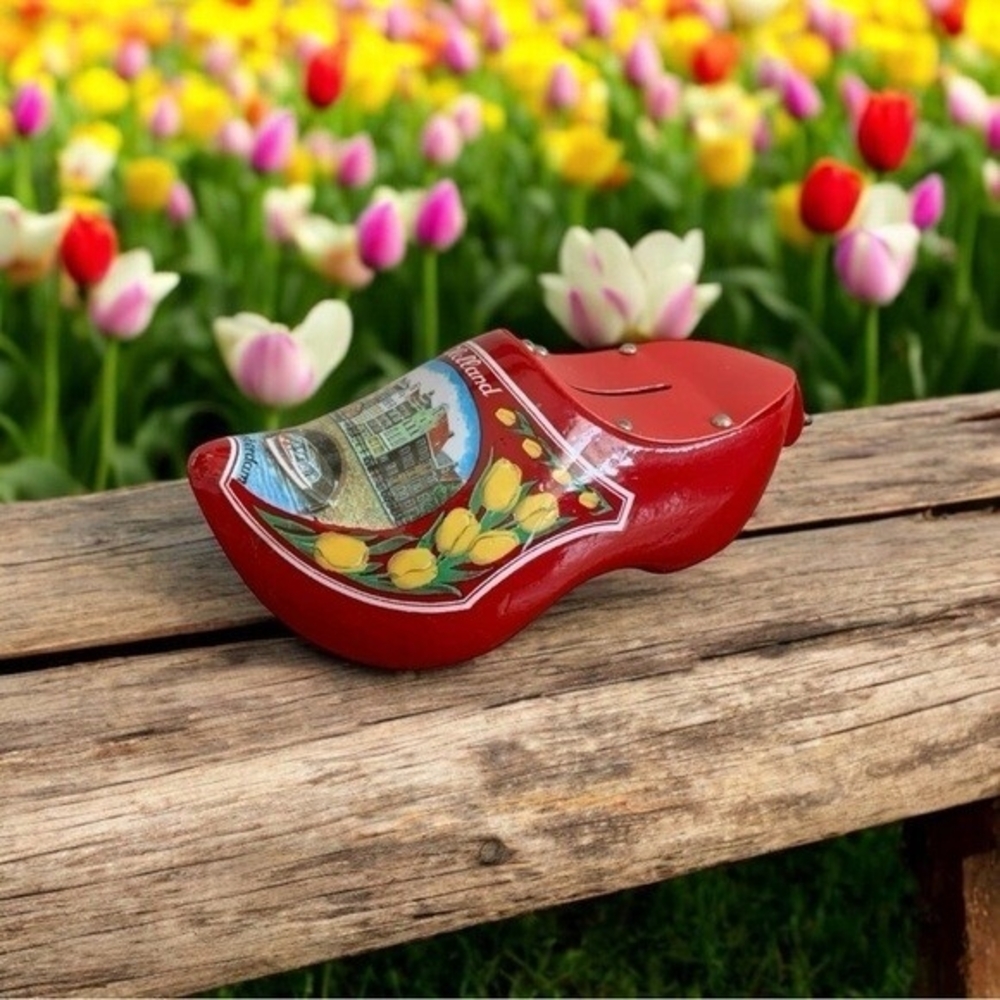 Dutch Wooden Shoe Piggy Bank Red Lacquer Amsterdam Tulips Holland Souvenir Clog